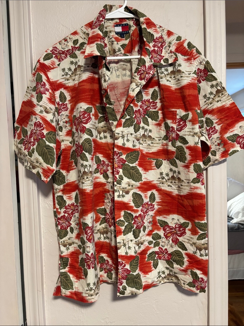 Tommy Hilfiger Red and Green Floral Hawaiian Camp Shirt